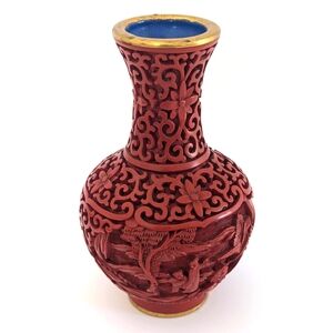 Vintage/Estate Red Carved Chinese Cinnabar Vase With Brass and Blue Enamel